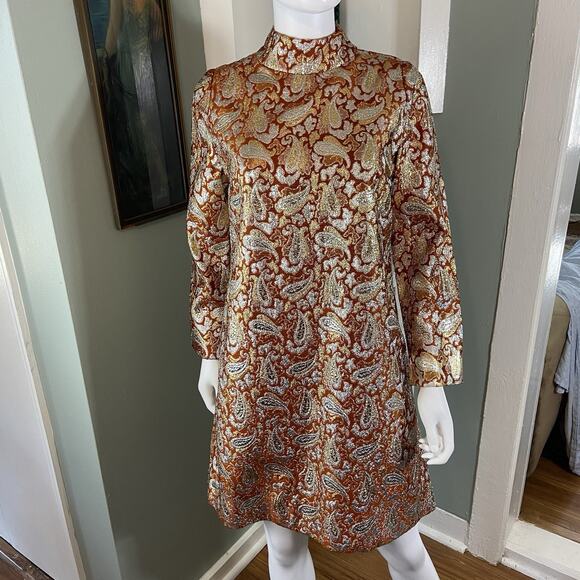 Vintage 60s Romantica Victor Costa Metallic Brocade Paisley Mini Shift Dress - Picture 1 of 11